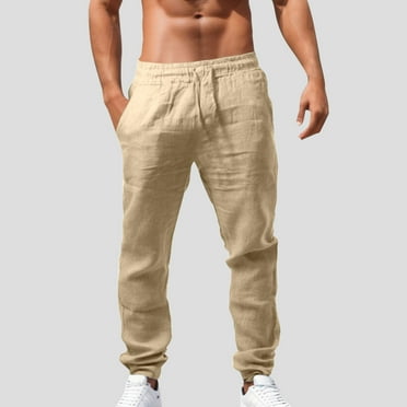 ZHOGXU Men Casual Pants With Pockets Solid Color Drawstring Elastic Waist Comfortable Loose Breathable Trousers For Daily Wear,Khaki,Xxxxxl