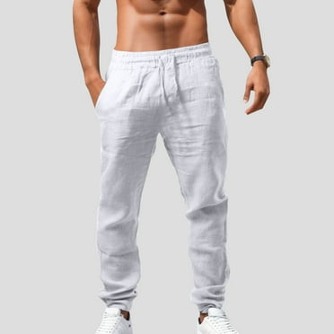 ZHOGXU Men Casual Pants With Pockets Solid Color Drawstring Elastic Waist Comfortable Loose Breathable Trousers For Daily Wear,White,Xxxxl