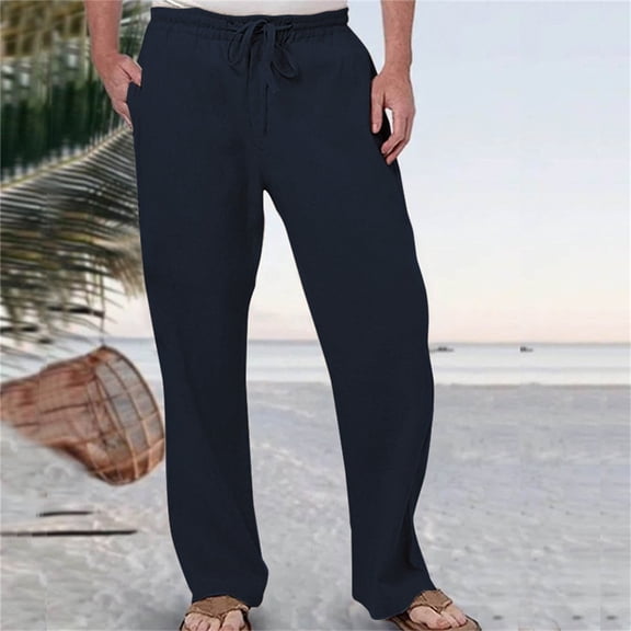 ZHOGXU Men Casual Pants With Pockets Solid Color Drawstring Elastic Waist Cotton Linen Comfortable Loose Breathable Trousers For Daily Wear,Navy,Xxl