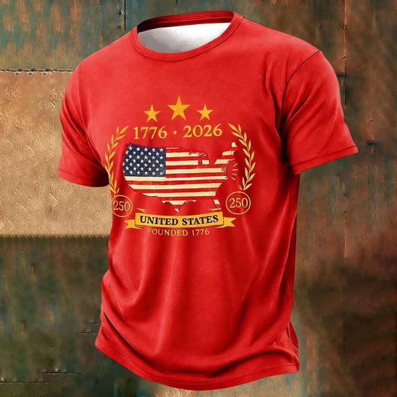 ZHOGXU Men T Shirt 4Th Of July Us National Flag Print Crew Neck Short Sleeve Comfortable Breathable Tee Top For 250 Years Birthday Patriotic,Red,Xxl