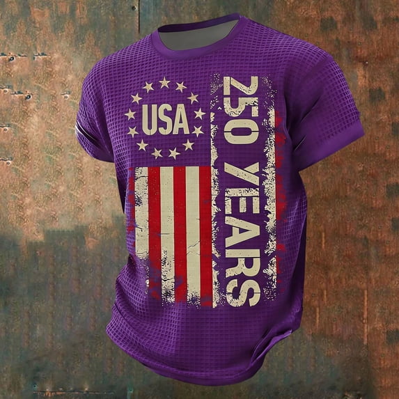 ZHOGXU Men T Shirt Short Sleeve Round Neck 250 Years Print Comfortable Breathable Tee Top For Independence Day Celebration,Purple,M