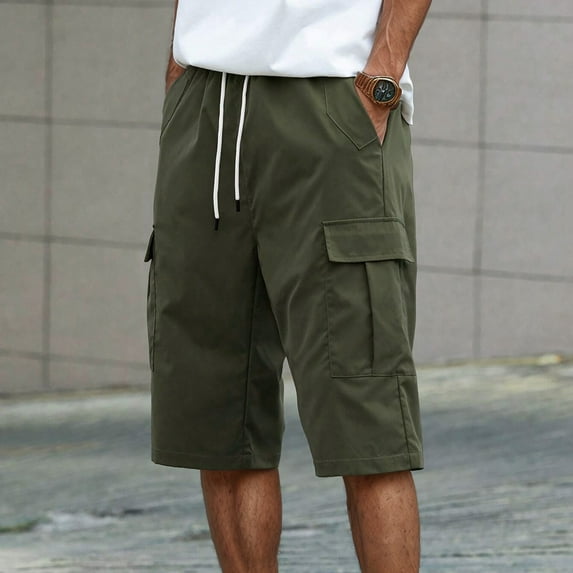 ZHOGXU Men's Cargo Shorts With Multiple Pockets Drawstring Elastic Waist Solid Color Calf Length Comfortable Fashion Pants For Outdoor Activities,Army Green,L