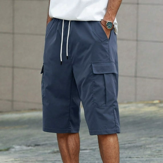 ZHOGXU Men's Cargo Shorts With Multiple Pockets Drawstring Elastic Waist Solid Color Calf Length Comfortable Fashion Pants For Outdoor Activities,Navy,S