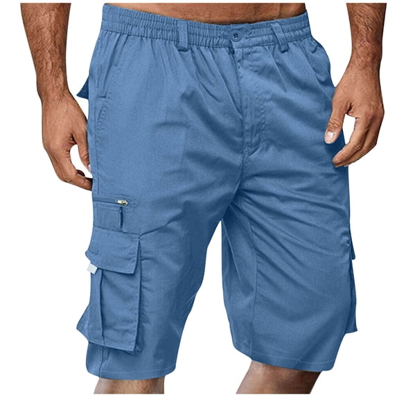ZHOGXU Men's Casual Cargo Shorts With Pockets Solid Color Elastic Waist Loose Fashion Knee Length Shorts For Outdoor Activities,Blue,Xxl