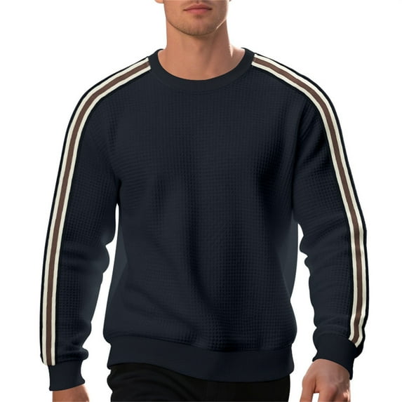 ZHOGXU Men's Casual Pullover Long Sleeve Round Neck Striped Print Slim Fit Comfortable Lightweight Sweatshirt For Autumn Winter Daily Wear,Navy,Xxxl