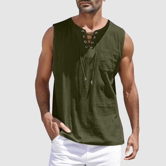 ZHOGXU Men's Casual Tank Top With Pocket Sleeveless Drawstring Solid Color Breathable Lightweight Vest Tee For Outdoor Activities,Army Green,L