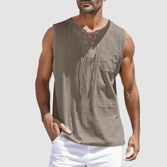 ZHOGXU Men's Casual Tank Top With Pocket Sleeveless Drawstring Solid Color Breathable Lightweight Vest Tee For Outdoor Activities,Dark Gray,L