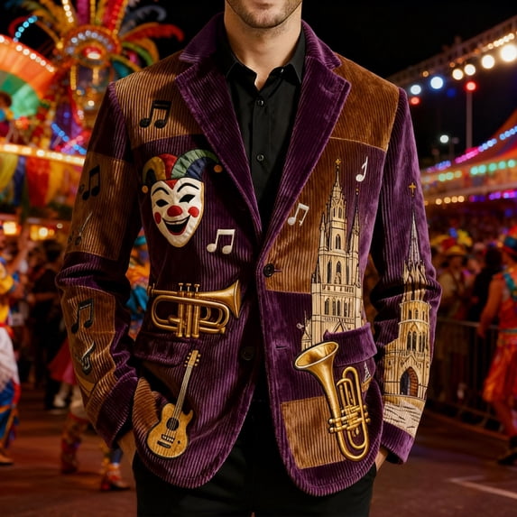 ZHOGXU Men's Corduroy Blazers Long Sleeve Lapel Printed Comfortable Fashion Suit Jacket Top For Stage Performance And Party,Purple,M