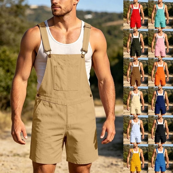 ZHOGXU Father's Day Men's Jumpsuit Sleeveless Suspenders Solid Color Comfortable Relaxed Fit Romper With Pockets For Outdoor Activities,Coffee,Xxxl