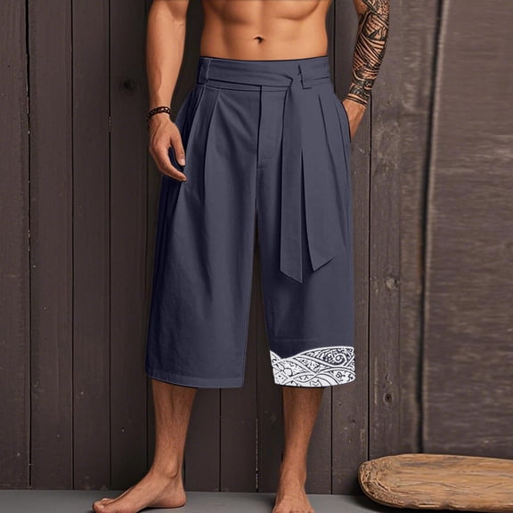 ZHOGXU Men's Retro Style Pants With Pockets Linen Straight Fit Wide Leg Calf Length Comfortable Trendy Trousers For Casual Daily Wear,Navy,Xxl