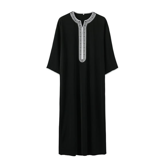 ZHOGXU Men's Shirts Long Sleeve V Neck Embroidered Pocket Fashion Comfortable Lightweight Long Robe Top For Daily Wear,Black,L