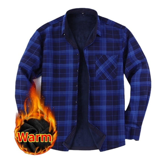 ZHOGXU Men's Shirts With Pocket Long Sleeve Lapel Plaid Printed Buttons Plush Thickened Fashion Comfortable Warm Blouse Top For Daily Wear,Dark Blue,M