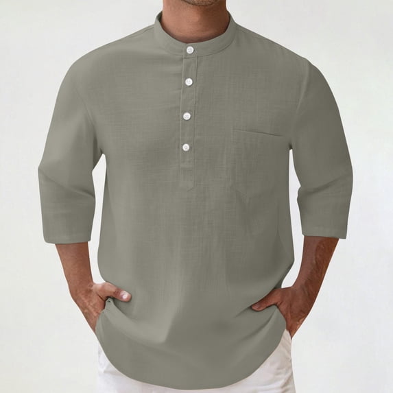 ZHOGXU Men's Summer Shirt 3/4 Sleeve Stand Collar Solid Color Buttons Fashion Comfortable Blouse For Casual Daily Wear,Grey,Xxxl