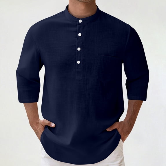 ZHOGXU Men's Summer Shirt 3/4 Sleeve Stand Collar Solid Color Buttons Fashion Comfortable Blouse For Casual Daily Wear,Navy,Xl