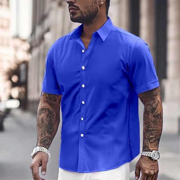 ZHOGXU Men's Summer Shirt Short Sleeve Lapel Solid Color Buttons Fashion Comfortable Business Blouse For Casual Daily Wear,Blue,M