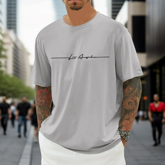 ZHOGXU Men's Summer T Shirt Short Sleeve Round Neck Letter Print Comfortable Breathable Tee Top For Casual Daily Wear,Light Gray,Xxxxxl