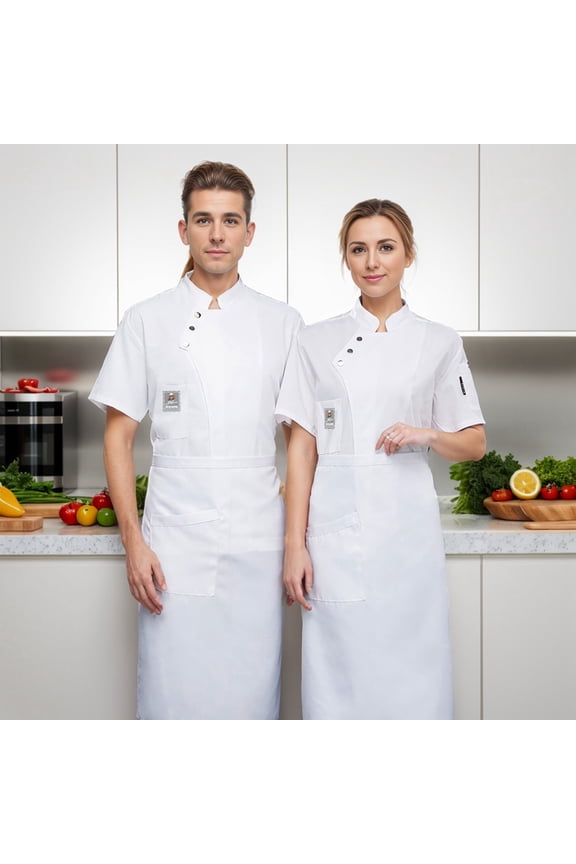 Men's T Shirt Short Sleeve Stand Collar Solid Color Buttons Cooking Work Chef Uniformss Tee Tops,White,M