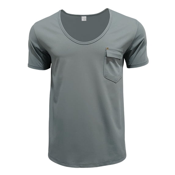ZHOGXU Men's T Shirt Summer Short Sleeved Crew Neck Solid Color Pocket Comfortable Breathable Top For Casual Daily Wear,Grey,Xxl