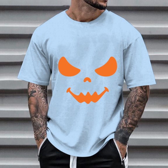ZHOGXU Men's T Shirts Pumpkin Graphic Print Short Sleeve Round Neck Loose Fit Comfortable Tee For Casual Daily Wear,Light Blue,S