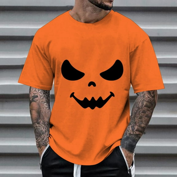 ZHOGXU Men's T Shirts Pumpkin Graphic Print Short Sleeve Round Neck Loose Fit Comfortable Tee For Casual Daily Wear,Orange,Xxl