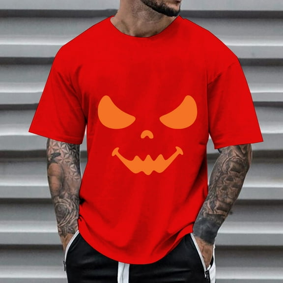 ZHOGXU Men's T Shirts Pumpkin Graphic Print Short Sleeve Round Neck Loose Fit Comfortable Tee For Casual Daily Wear,Red,S