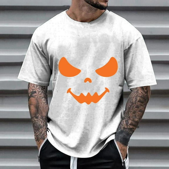ZHOGXU Men's T Shirts Pumpkin Graphic Print Short Sleeve Round Neck Loose Fit Comfortable Tee For Casual Daily Wear,White,Xl