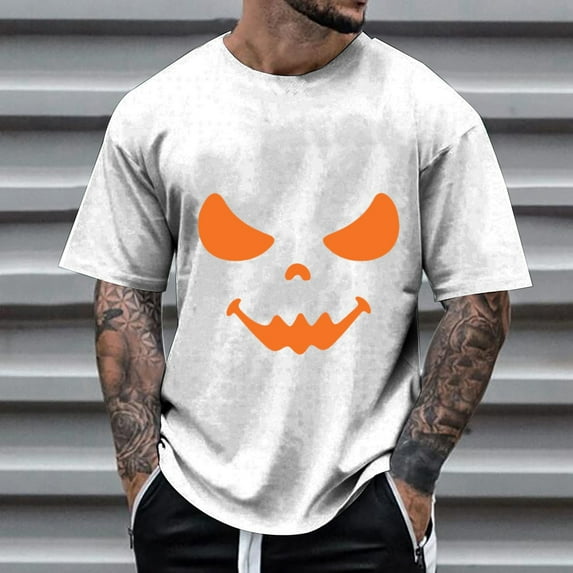ZHOGXU Men's T Shirts Pumpkin Graphic Print Short Sleeve Round Neck Loose Fit Comfortable Tee For Casual Daily Wear,White,Xxl