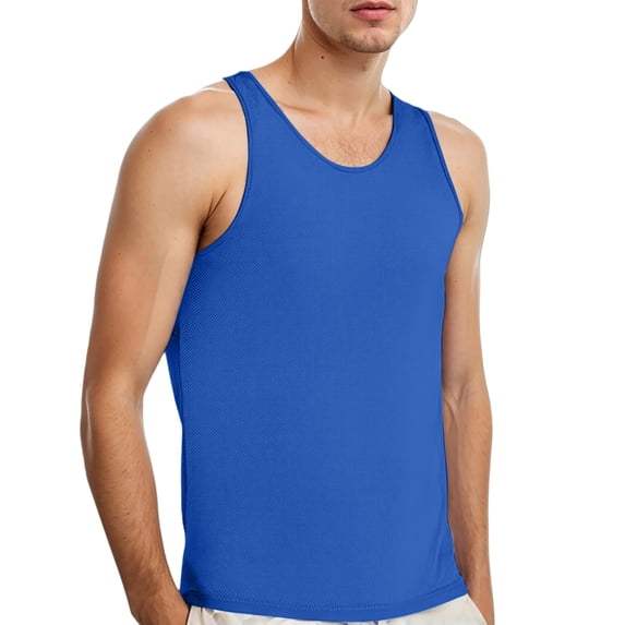 ZHOGXU Men's Tank Top Summer Sleeveless Round Neck Solid Color Lightweight Breathable Loose Fit Vest For Fitness And Sports,Blue,L
