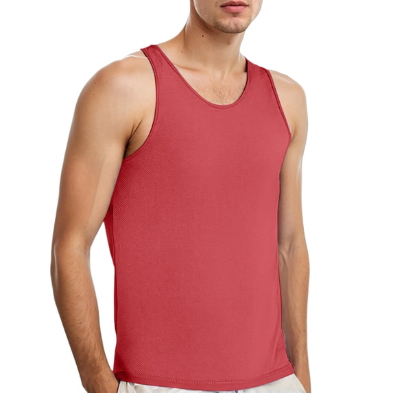 ZHOGXU Men's Tank Top Summer Sleeveless Round Neck Solid Color Lightweight Breathable Loose Fit Vest For Fitness And Sports,Red,L