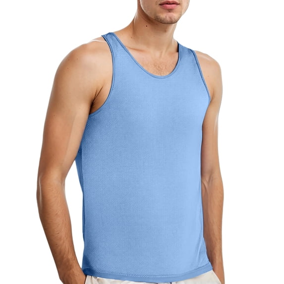 ZHOGXU Men's Tank Top Summer Sleeveless Round Neck Solid Color Lightweight Breathable Loose Fit Vest For Fitness And Sports,Sky Blue,Xl