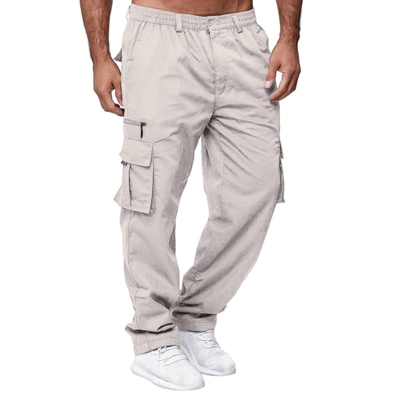 ZHOGXU Mens Cargo Pants Elastic Waist Solid Color Straight Leg Comfortable Stretch Outdoor Sports Trousers With Pockets For Daily Wear Grey L