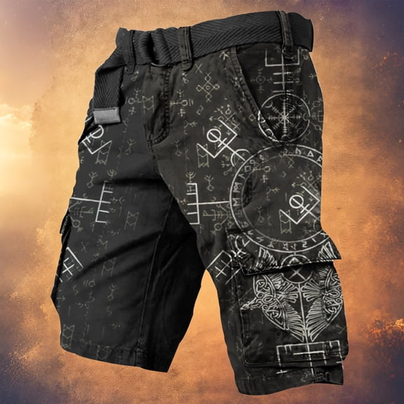 ZHOGXU Mens Cargo Shorts High Waist Printed Lace Up Breathable Comfortable Outdoor Soft Shorts With With Multiple Pockets For Daily Wear Black Xxxl