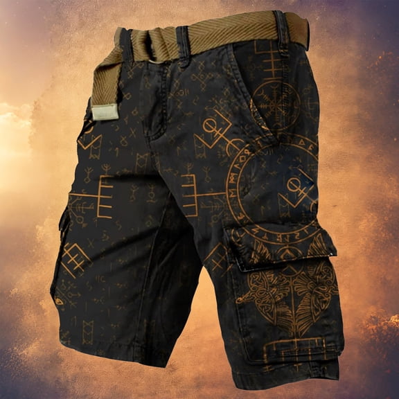 ZHOGXU Mens Cargo Shorts High Waist Printed Lace Up Breathable Comfortable Outdoor Soft Shorts With With Multiple Pockets For Daily Wear Yellow L