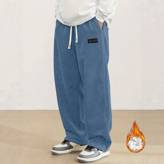 ZHOGXU Mens Casual Pants Drawstring Elastic Waisted Solid Color Corduroy Comfortable Trousers With Pockets For Daily Wear Dark Blue L