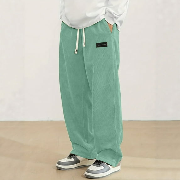 ZHOGXU Mens Casual Pants Drawstring Elastic Waisted Solid Color Corduroy Comfortable Trousers With Pockets For Daily Wear Light Green L