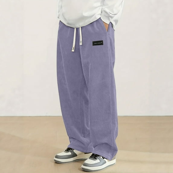 ZHOGXU Mens Casual Pants Drawstring Elastic Waisted Solid Color Corduroy Comfortable Trousers With Pockets For Daily Wear Light Purple L