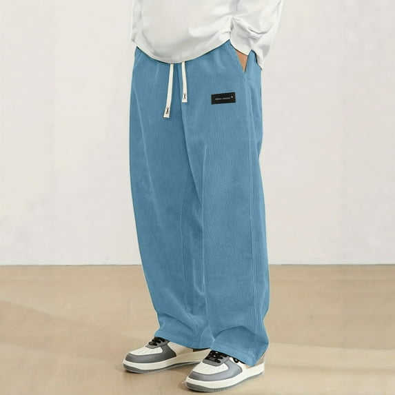 ZHOGXU Mens Casual Pants Drawstring Elastic Waisted Solid Color Corduroy Comfortable Trousers With Pockets For Daily Wear Sky Blue Xxxl