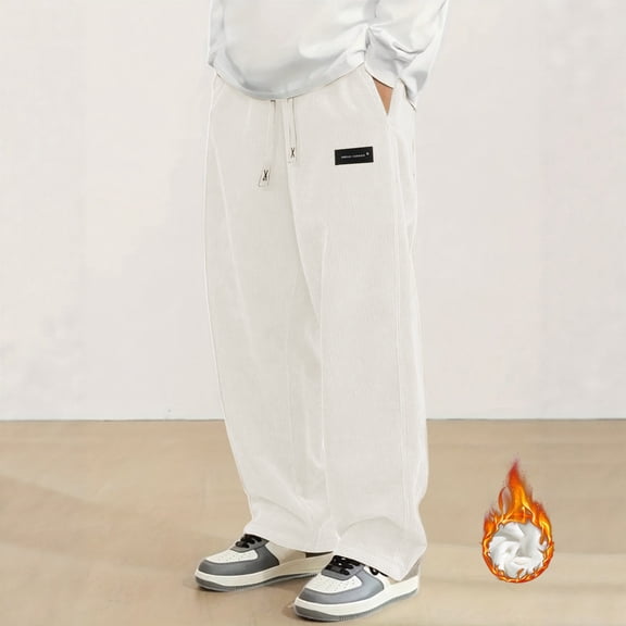 ZHOGXU Mens Casual Pants Drawstring Elastic Waisted Solid Color Corduroy Comfortable Trousers With Pockets For Daily Wear White M