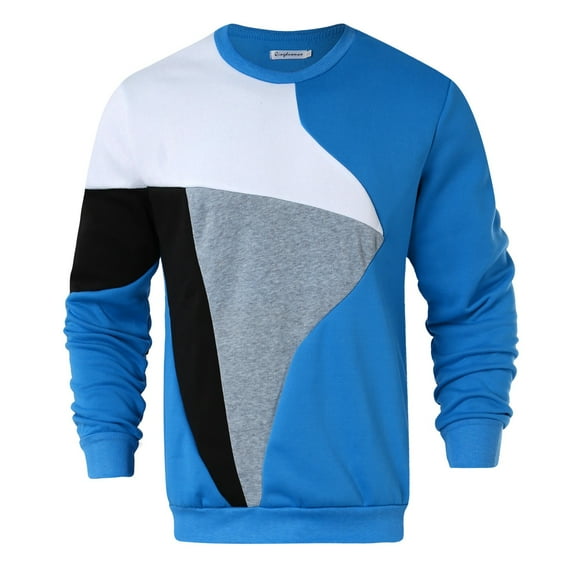 ZHOGXU Mens Casual Pullover Long Sleeve Round Neck Color Block Loose Fit Breathable Sweatshirt For Autumn Winter Daily Wear,Blue,Xxxl