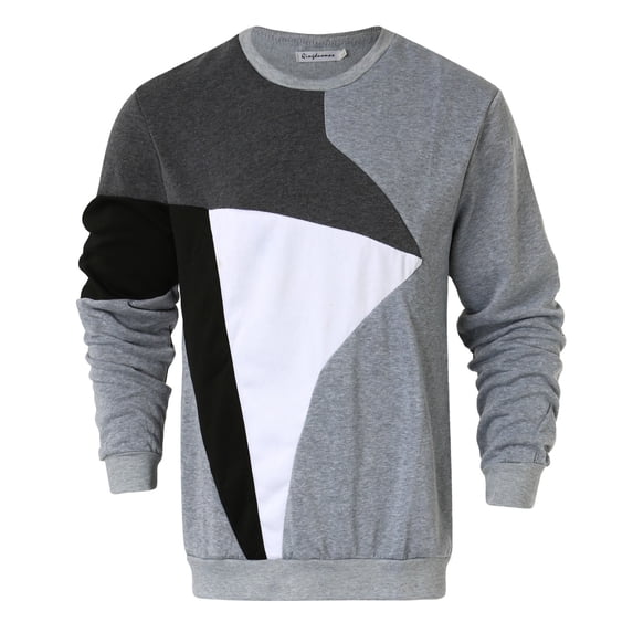 ZHOGXU Mens Casual Pullover Long Sleeve Round Neck Color Block Loose Fit Breathable Sweatshirt For Autumn Winter Daily Wear,Grey,L