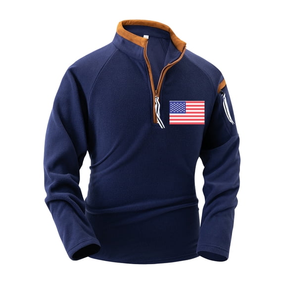 ZHOGXU Mens Casual Pullover Long Sleeve Stand Collar Half Zip Flag Print Plush Lined Loose Fit Breathable Fashion Sweatshirt For Outdoor Activities,Navy,M