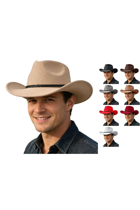 Mens Cowboy Hat Solid Color Wide Brim Ethnic Style Fashion Comfortable Lightweight Cap For Stage Performance And Theme Party,Beige,One Size