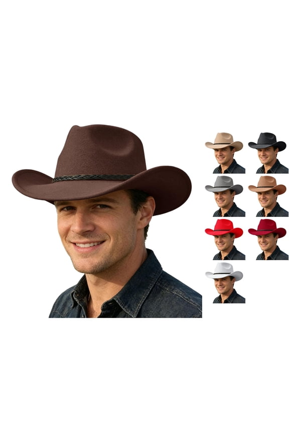 Mens Cowboy Hat Solid Color Wide Brim Ethnic Style Fashion Comfortable Lightweight Cap For Stage Performance And Theme Party,Coffee,One Size