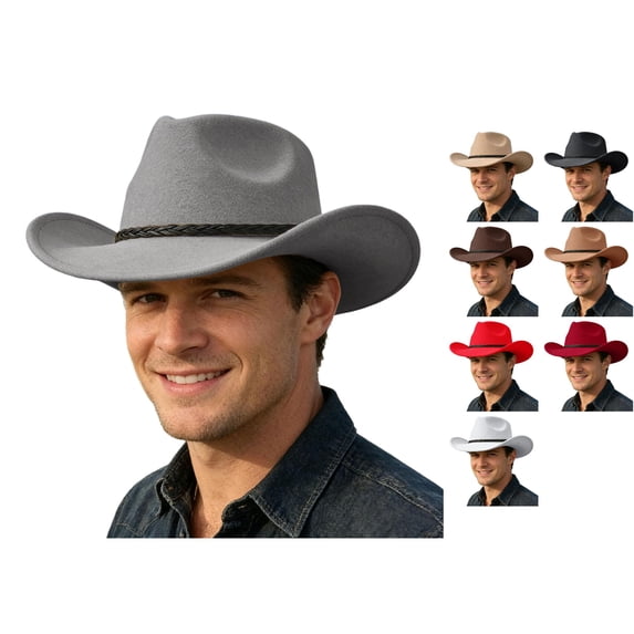 ZHOGXU Mens Cowboy Hat Solid Color Wide Brim Ethnic Style Fashion Comfortable Lightweight Cap For Stage Performance And Theme Party,Grey,One Size