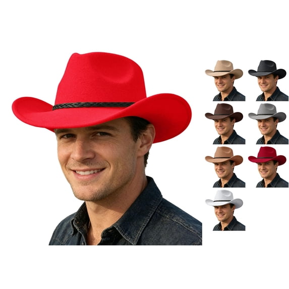 ZHOGXU Mens Cowboy Hat Solid Color Wide Brim Ethnic Style Fashion Comfortable Lightweight Cap For Stage Performance And Theme Party,Red,One Size