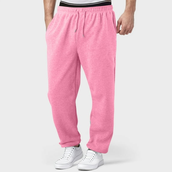 ZHOGXU Mens Lined Sweatpants With Pockets Wide Leg Straight Fit Solid Color Drawstring Elastic Waist Comfortable Loose Fit Trousers For Casual Daily Wear,Pink,L