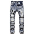 thumbnail image 1 of ZHOGXU Mens Jeans High Waist Distressed Ripped Straight Fit Stretch Slim Fit Denim Pants With Pockets For Daily Wear Blue L, 1 of 8