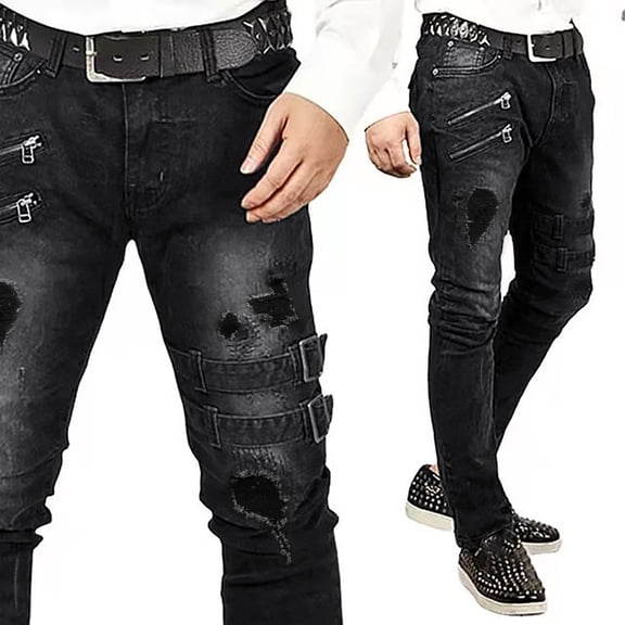 ZHOGXU Mens Jeans High Waist Straight Fit Ripped Stretch Slim Fit Denim Pants With Pockets For Daily Wear Black L