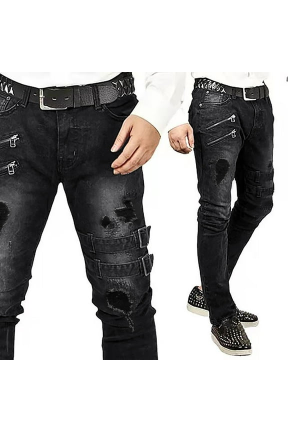 Mens Jeans High Waist Straight Fit Ripped Stretch Slim Fit Denim Pants With Pockets For Daily Wear Black L