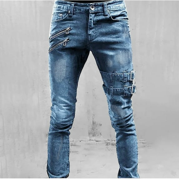 ZHOGXU Mens Jeans High Waist Straight Fit Ripped Stretch Slim Fit Denim Pants With Pockets For Daily Wear Blue S